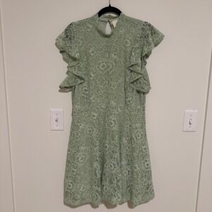 Maeve Anthropologie Sage Green Floral Lace Mock Neck Flutter Sleeve Dress Large